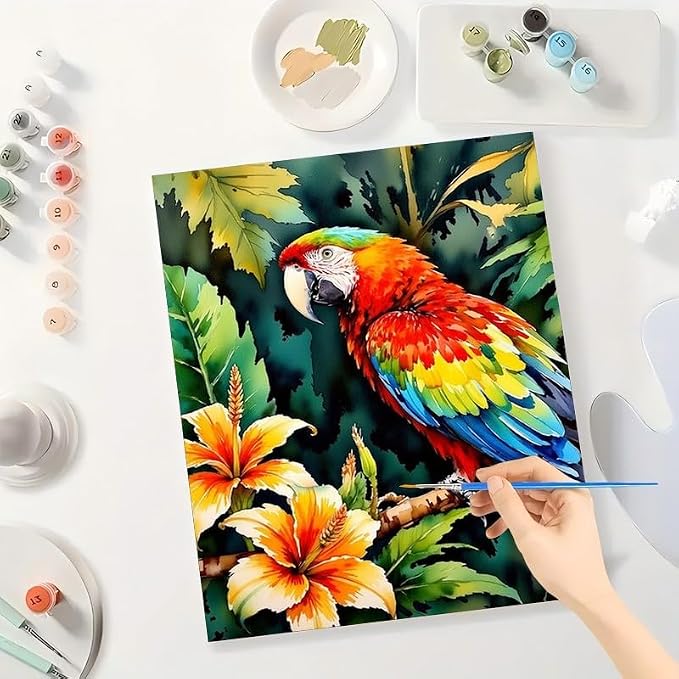 Tropical Bird Paint by Numbers Kit for Adults - DIY Parrot with Hibiscus Flowers Painting on Canvas, Acrylic Paint Set, Suitable for Beginners, Art for Home Decoration or Gifts(8X12IN Framed)