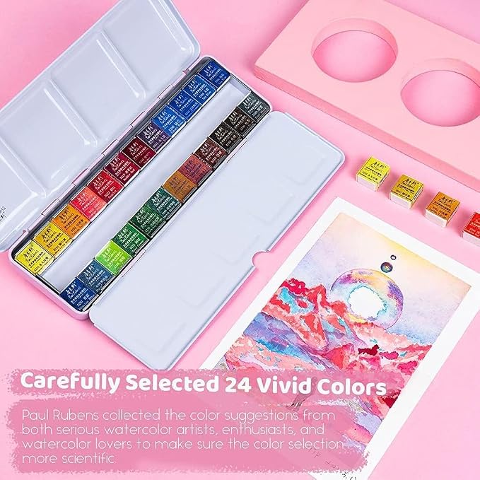 Paul Rubens Watercolor Paint Set Artist Grade, 24 Vivid Colors | High Lightfastness & Unmatched Transparency, Portable Metal Case Art Supplies for Artists Beginners Hobbyists Students