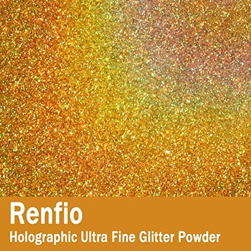 Renfio Holographic Ultra Fine Gold Glitter Powder Metallic Resin Glitter | 2.11 Oz (60g) PET Flakes Crafts Sequins 1/128" 0.008" 0.2mm Epoxy Chips Flakes for Tumblers Slime - Laser Light Gold