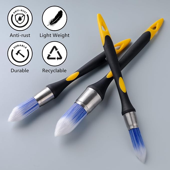 Mister Rui Round Trim Brush Set, 3 Pcs Paint Brushes for Trim, Tight Space | Corner Paint Brush, Small Crevice Paint Brush Edger for Touch up, Detail Work, Window Trim, Door-5/8”, 3/4” and 1”