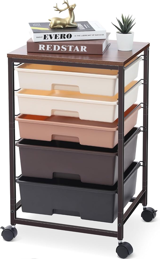 SYKIARIOL Rolling Cart with Drawers, 5 Drawers Utility Cart, Dark Brown | 5-Tiers Storage Cart with Drawers with Lockable Wheels for Craft Organizers and Storage,Home Office,Classroom,Dorm,Playroom