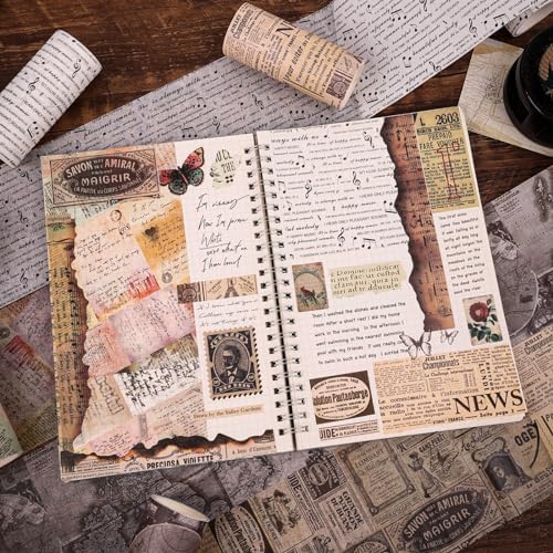 Dizdkizd Vintage Wide Washi Tape Set Map Newspaper Masking Tapes Stickers for Junk Journals, Scrapbooks, Arts & Crafts Tape, Great for Making Cards, Collages, Gift Wrapps, 3.5 Inches × 4 Rolls