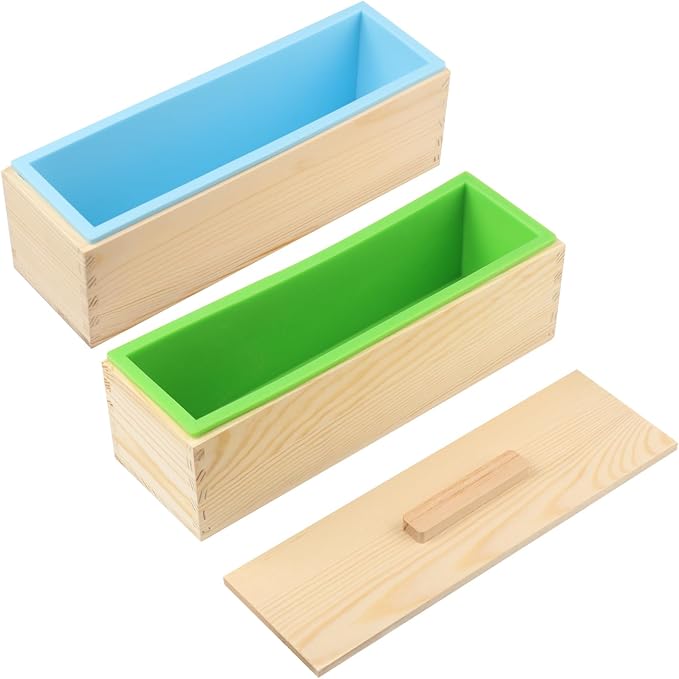 Geytetqi 6 Packs 42oz Soap Loaf Wood Box for Soap Making, Premium Silicone Loaf Soap Mollds with Wooden Box and Lid, Ideal for Large Size Homemade Soaps, Flexible and Heat Resistant(Green &Blue)