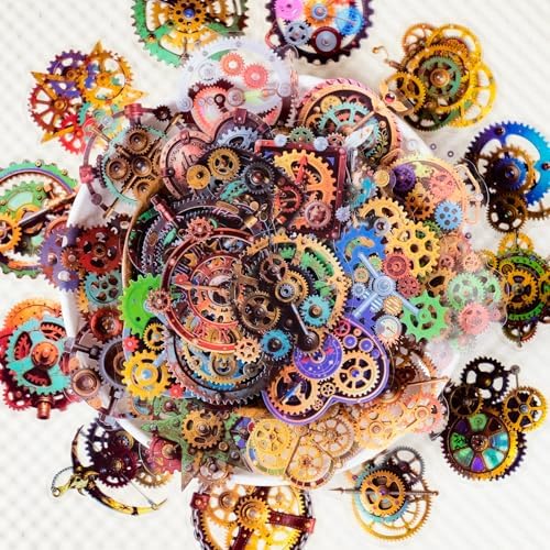 56PCS Steampunk Gear Stickers Pack – Vintage Mechanical Gears, Clockwork Designs, Transparent Vinyl Decals for Scrapbook, Journal, Laptop, Planner, DIY Craft, and Gear Art Lovers