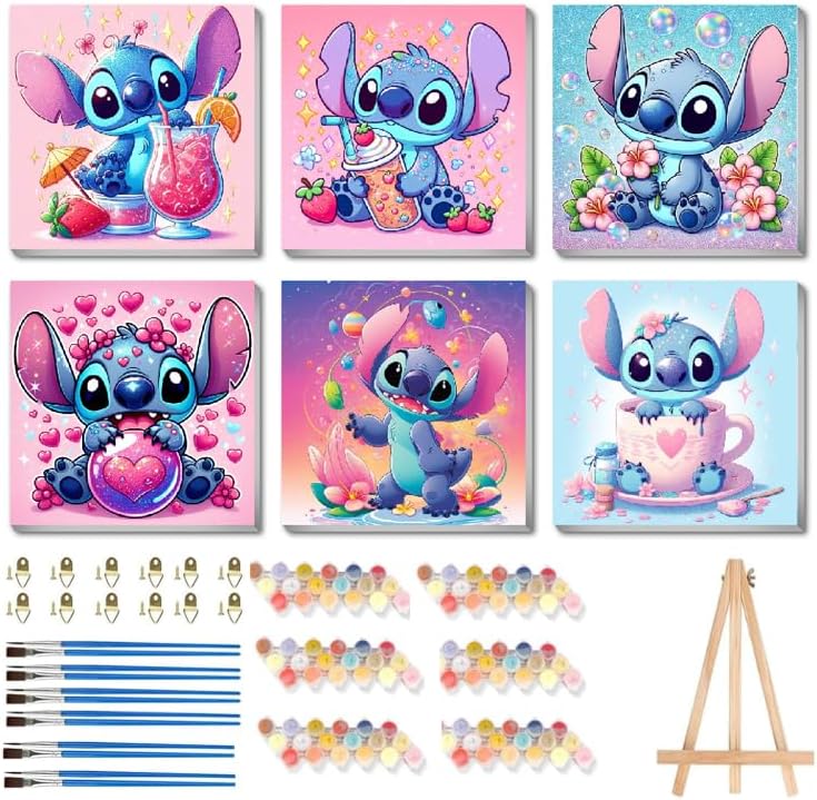 nekpiahu 6 Pack Cartoon Paint by Numbers for Kids with Framed Canvas-with Wooden Easel, Paint by Number for Kids Ages 4-8-12, DIY Easy Acrylic Oil Painting Kits for Home Wall Decor (8X8inch)