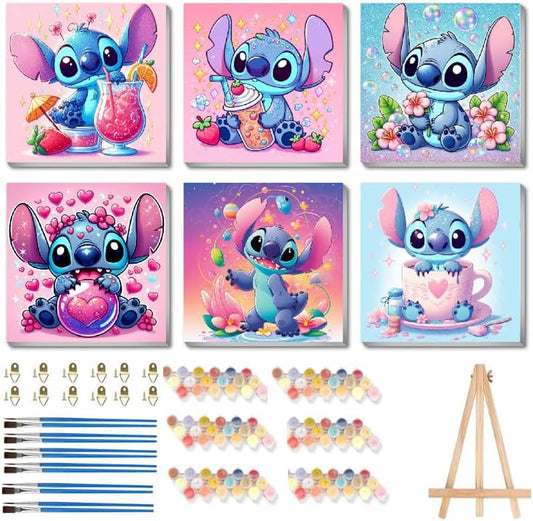nekpiahu 6 Pack Cartoon Paint by Numbers for Kids with Framed Canvas-with Wooden Easel, Paint by Number for Kids Ages 4-8-12, DIY Easy Acrylic Oil Painting Kits for Home Wall Decor (8X8inch)