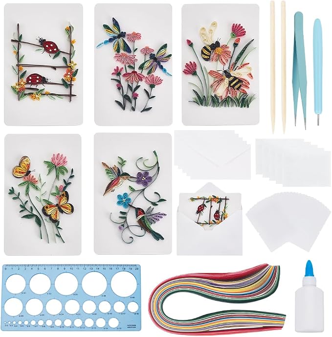 WEBEEDY 20 Sets Paper Quilling Kit for Adults Beginners,Spring Animal Flower Greeting Cards Making Kit with Instruction Tutorial,Handmade Bee Butterfly Dragonfly Quilling Card for Friends Families