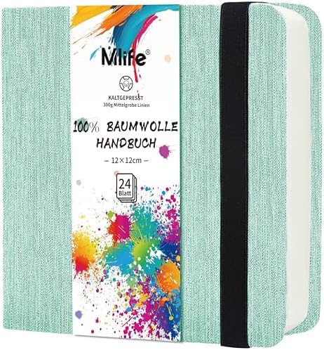 Mlife Square Watercolor Sketchbook,100% Cotton,300gsm/140lb,Acid-Free,Watercolor Journal for Artists Adults Students,4.7 * 4.7 Inches(Turquoise)