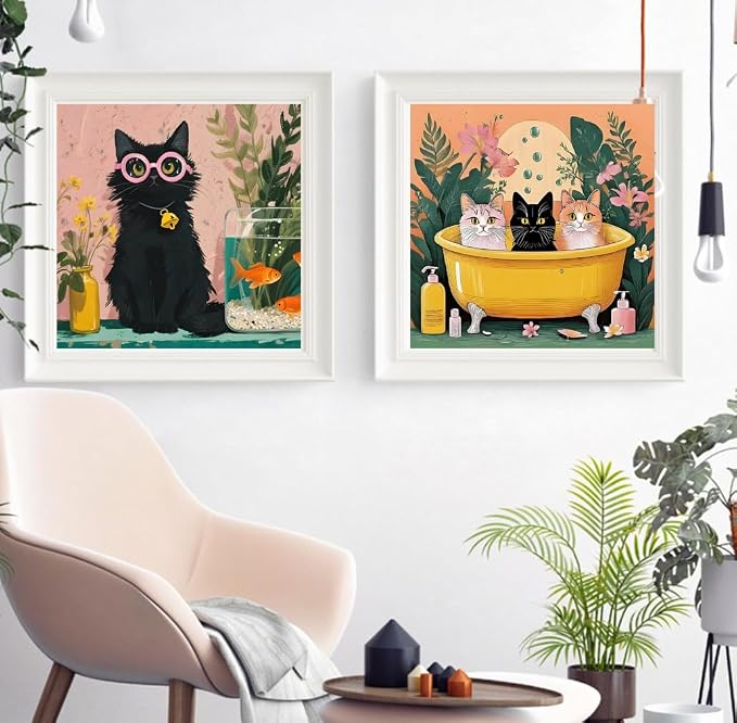Canrichshop 4 Pack Cat Paint by Numbers for Beginner,Black Cat Adult Paint by Number Kits on Canvas Framed, DIY Number Paintings for Adults for Wall Home Decor 8X 8 inch