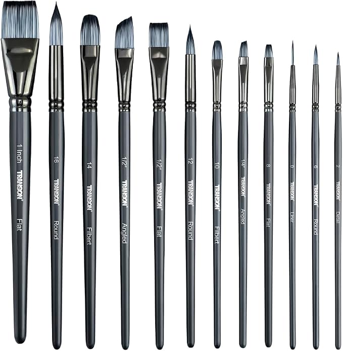 Transon Artist Paint Brush Set of 12 for Watercolor Acrylic Gouache Oil and Tempera Painting