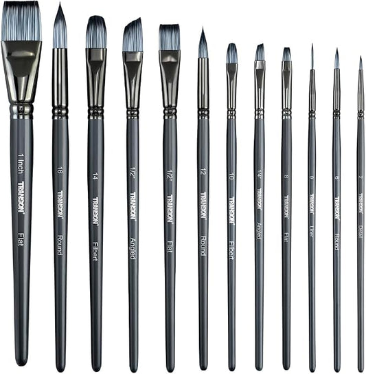 Transon Artist Paint Brush Set of 12 for Watercolor Acrylic Gouache Oil and Tempera Painting