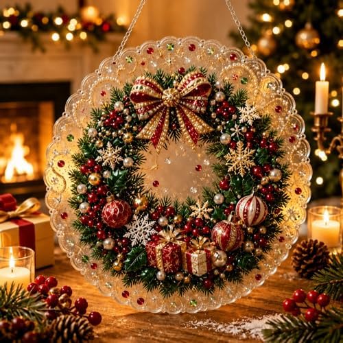 Cheerdox Christmas Pearl Diamond Arts Suncatcher DIY Kit, 5D Diamond Pearl Art Painting Acrylic Round Board with Lace Edge, Christmas Diamond Art Beads Craft Kit for Holiday (Style E)