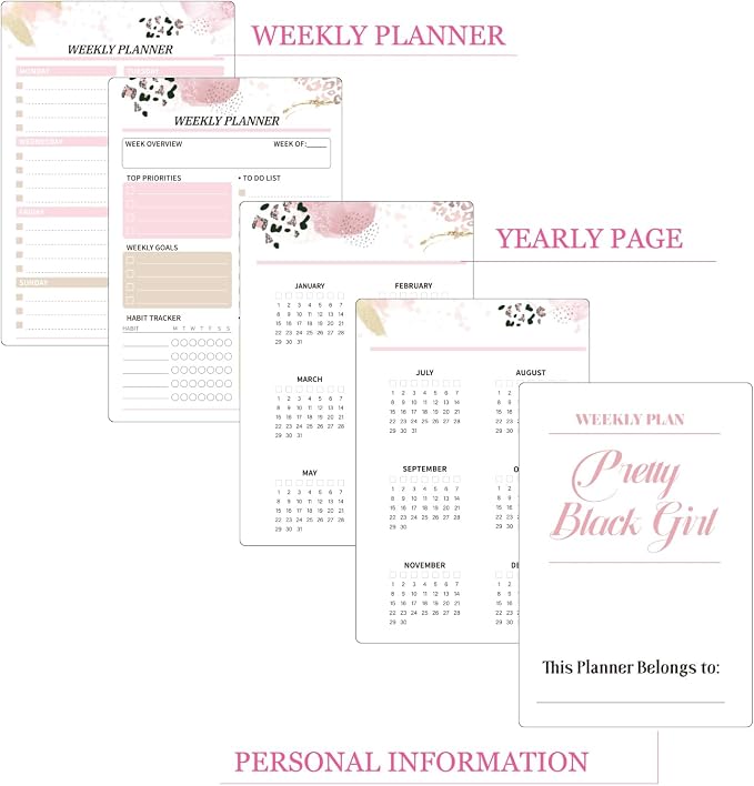 Black Girl Weekly Planner Gift Set - 52 Weeks Undated Planner with 190+ Stickers, Washi Tape, Journal Supplies & Accessories for Teen Girls - Inspirational Productivity Organization Kit, Present Box