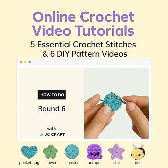 JC CRAFT Deluxe Beginner Crochet Kit – 116-Piece Set with 20 Yarns, Ergonomic Hooks, Accessories, Book for Beginners & Online Tutorial – DIY Starter Kit for Adults & Teens with Purple Bag & Case