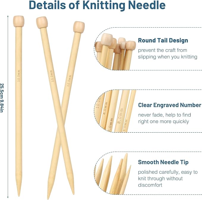Aeelike 18 Pairs Bamboo Knitting Needles Set, 2mm-8mm Wood Needle, Type G