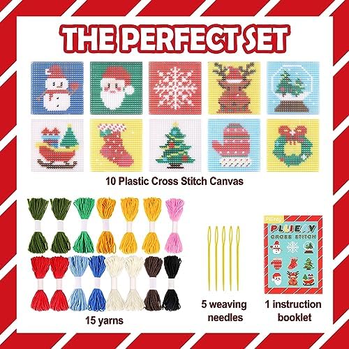 Pllieay Christmas 10-in-1 Cross Stitch Beginner Kit for Kids, Includes Instruction of 10 Different Patterns, 10 Printed Plastic canvases for Needlework, Needlepoint Starter Sewing Set