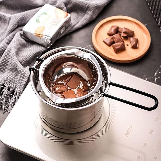 Double Boiler Pot Set, Stainless Steel Melting Pot with Silicone Spatula for Melting Chocolate, Soap, Wax, Candle Making (600ml and 1600ml) (Pack of 2)