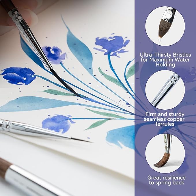Transon 11pcs Sable Watercolor Brushes Professional Brush Set for Watercolor Painting Gouache Painting