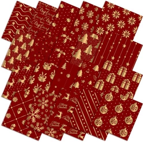 HunnmingRe 20 Pcs 10''x10'' Red Gold Christmas Quilting Fabric Square Winter Precuts Quilted Fabric Bundle Reindeer Snowflake Printed Sewing Material for Patchwork Scrapbook Junk Journal DIY Craft