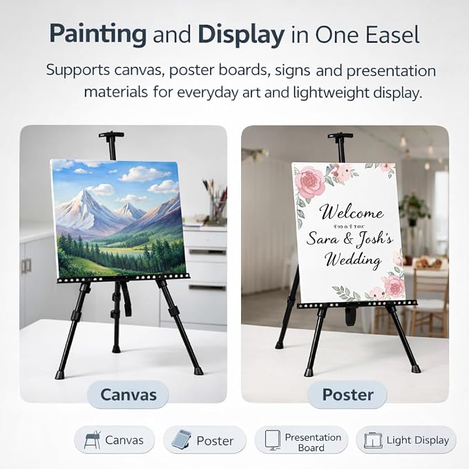 NS JYMB Easel Stand for Sign and Painting, 17-66 Inch Adjustable, Black | Portable metal tripod easel for display stand, canvas holder, floor, poster board, wedding signs and travel use