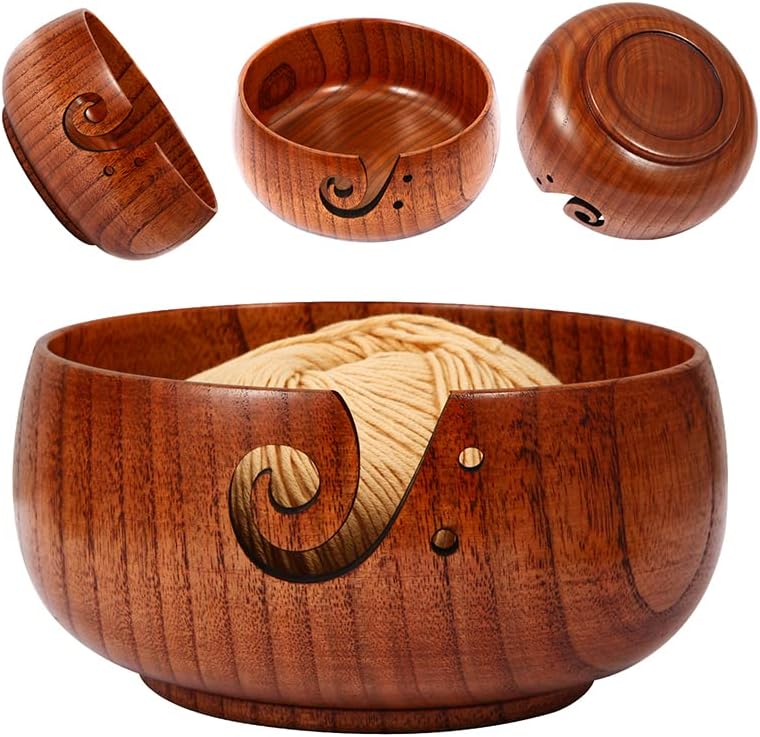 Wooden Yarn Bowl, 6" x 3" Knitting Tool with Holes, Handmade Rounded Edge for Crocheting, Storage Holder for DIY Sewing Supplies