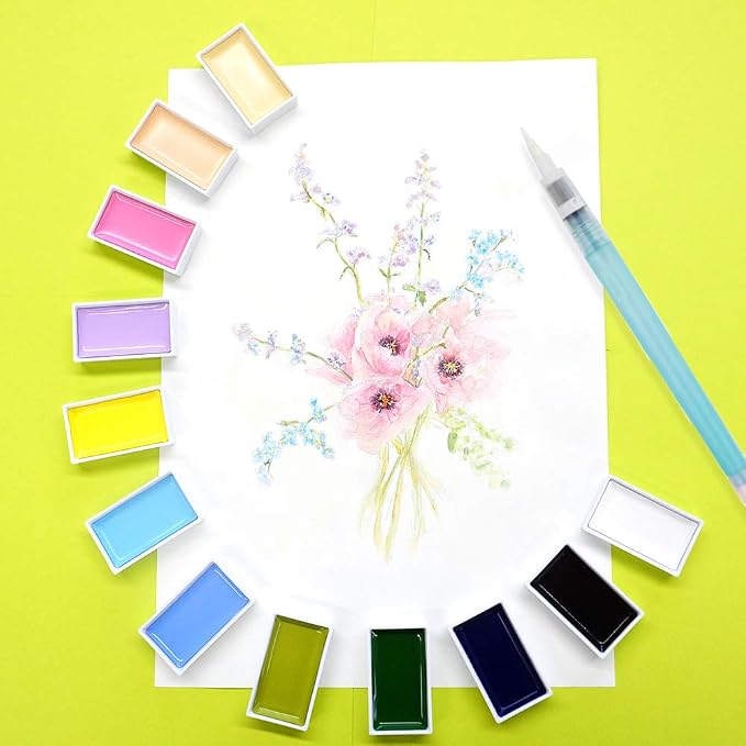 Kuretake Gansai Tambi Watercolor Paint Set, 12 Nuance Colors, Made in Japan | 12 new nuance colors, smooth blending pigment, oversized pans, color chart included, Professional Use, Artist Grade
