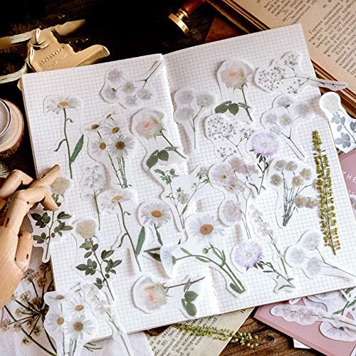 Vintage Natural Stickers, 45Pcs Daisy Vinyl Decorative Retro Adhesive Watercolor Aesthetic Trendy for Scrapbook Album DIY Craft Daily Planner
