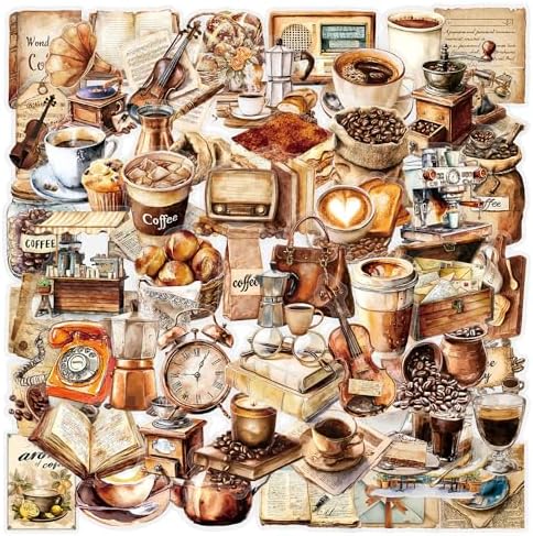 50 PCS Retro Coffee Stickers for Scrapbooking Journaling Junk Journal Scrapbook Supplies - Waterproof Transparent PET Aesthetic Decals for Resin Crafts Decorative Art Crafts (Retro-3)