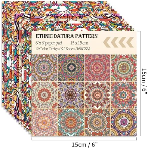 6x6" Cardstock Single Sided Scrapbooking,Craft Decorative Scrap Book Paper | 160gsm,24-Sheet 12Patterns Colored Paper,Junk Journal Supplies,Vivid Origami Papers DIY Craft Gift Wrapping Album.Datura