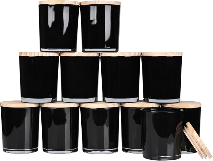 SHOWIN Thick Candle Jars for Making Candles 12 Pcs, 7 OZ Empty Jars with Wood Lids for Candle Making, Sample Container, Inner Black