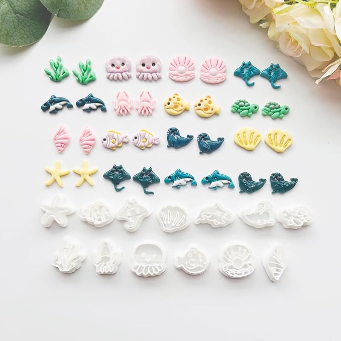 Under The Sea Polymer Clay Cutters Set - 13pcs Ocean Life Shapes Including Seal, Turtle, Jellyfish, Starfish, Dolphin & Shells for DIY Earring Jewelry, Soft Clay Crafts & Scrapbooking