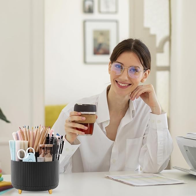 SKYDUE 360 Degree Rotating Desk Organizer, Pencil Pen Holder for Desk | Rotating Pen Organizer with 5 Slots, Office Supplies, Desk Organizer, Art Supply Pencil Cup for Office, School, Home