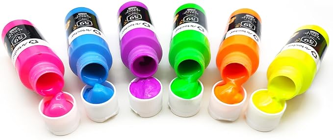 Artecho 6 Neon Colors Acrylic Paint 59ml / 2oz Bottle | Semi Glossy Finish, High Pigment Rich Color Craft Paint for Canvas,Fabric, Non-Toxic