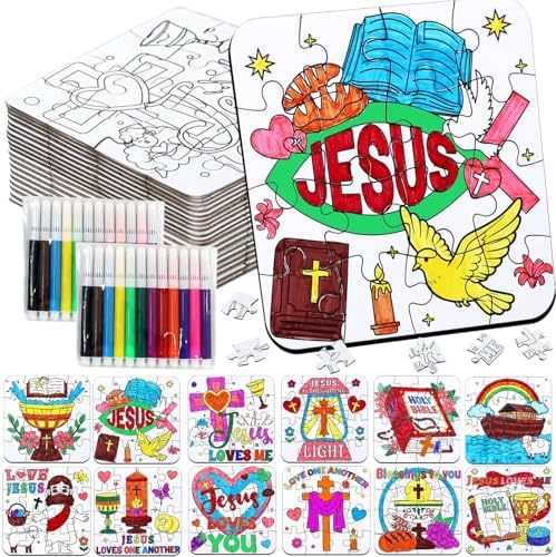 24 Sets Sunday School Crafts for Kids Ages 4-8, Christian VBS Craft Puzzle Jesus Cross Bible, Religious Arts Gifts for Classroom DIY Activity, Back to School Party Favors, Coloring Game Bulk Supplies