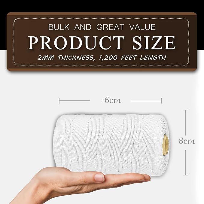 SMART&CASUAL 1,200 Feet 2mm Cotton Butcher Twine String Soft Food Safe for Cooking Craft Baker Kitchen Meat Turkey Sausage Roasting Gift Wrapping Gardening Crocheting Knitting