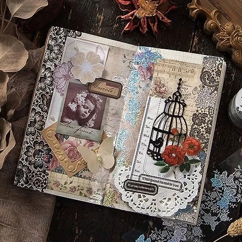 Primst 5 Rolls Washi Tape Lace Pattern Self-Adhesive Tape, White Black Floral Washi Silver Aesthetic Lace Tapes for Scrapbooking DIY Art Journaling Craft Gift Wrapping