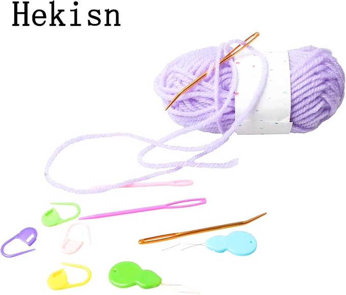 Hekisn 45Pcs Large Eye Blunt Yarn Needles Kit, Assorted Sizes Bent Tapestry Darning Needle, Sewing With Threaders & Stitch Markers for Knitting Crochet (Purple&Black)