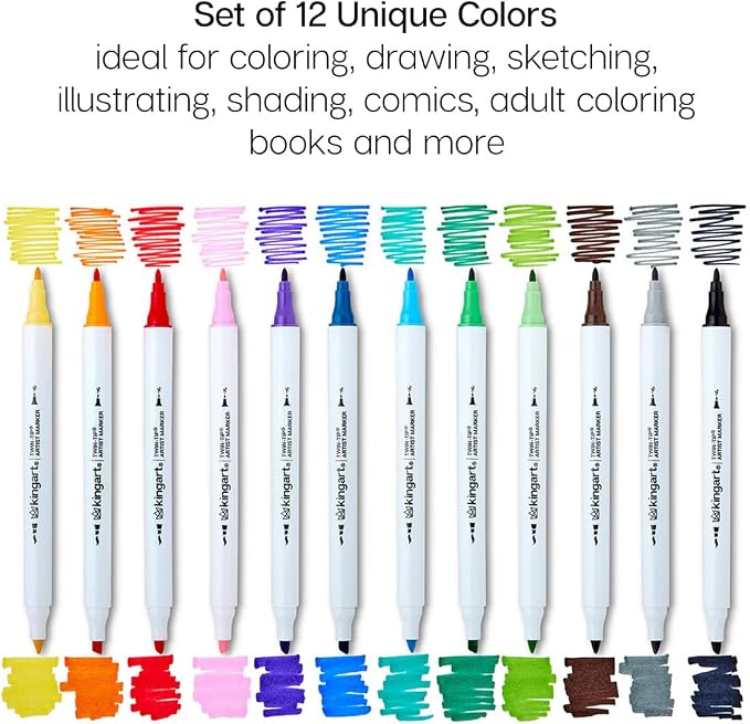 KINGART Studio Twin-Tip™ Permanent Alcohol-Based Sketch Markers, Storage/Travel Case, Set of 12 Unique Colors