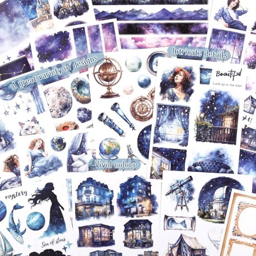 Pre-Cut Galaxy Sticker for Journaling, PET Washi Paper Collage Book, 20 Sheets Star Space Fantasy Planner Decals Scrapbook Junk Journal Supplies