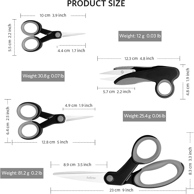 Asdirne Premium Sewing Scissors Bundle, Sharp and Durable, Comfortable Handle, Contains 9”Fabric Scissors, 5”Detail Shear, 3.9”Embroidery Scissors, 4.8”Thread Snips, Black and Gray