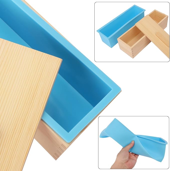 6 Packs Artisan Soap Loaf Wood Box for Soap Making, Blue 42 oz Premium Silicone Loaf Soap moldss with Wooden Box and Lid - Ideal for Large Size Homemade Soaps, Flexible and Heat Resistant