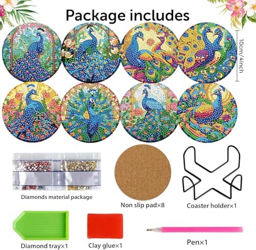8 Pack Diamond Art Coasters,Peacock animals Diamond Painting Coasters Kits