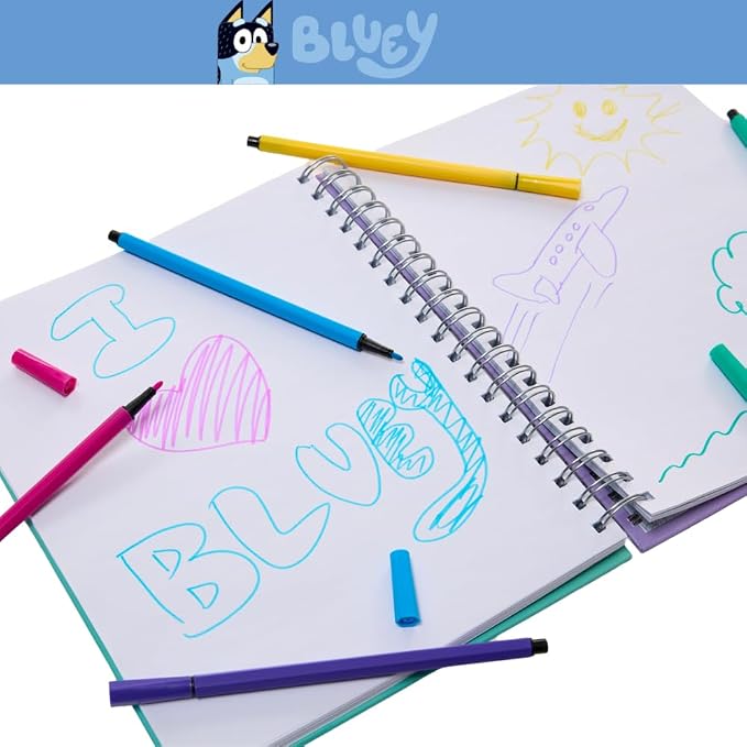 Bluey Sketchbook for Kids with Washable Markers, 86 Blank Pages Spiral Bound, Turquoise