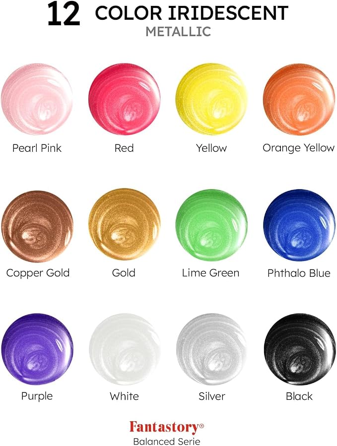 Fantastory 60ml 12 Colors Metallic Acrylic Paint Set with 12 Brushes | Balanced Series, Color-Shifting, Perfect for Metal, Canvas, Rock, Stone, Ceramic, Model, Wood Painting