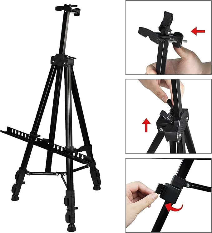 RRFTOK 72 in Art Easel Stand, Adjustable Metal Tripod, Dual-Layer | Dual-layer supports canvas or signs at two heights; adjusts up to 72 in with spring clip and reinforced chain for stability.
