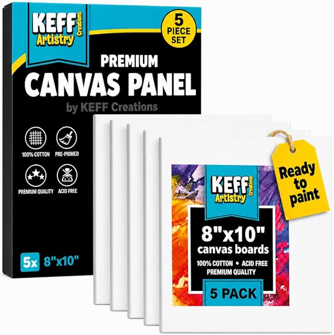 KEFF Canvas for Painting - 5-Pack 8x10 Canvas Value Pack - 100% Cotton Triple Primed Small Canvases for Painting. Mini Canvases Bulk Set for Acrylic, Oil, Watercolor&Tempera - Art Supplies for Adults
