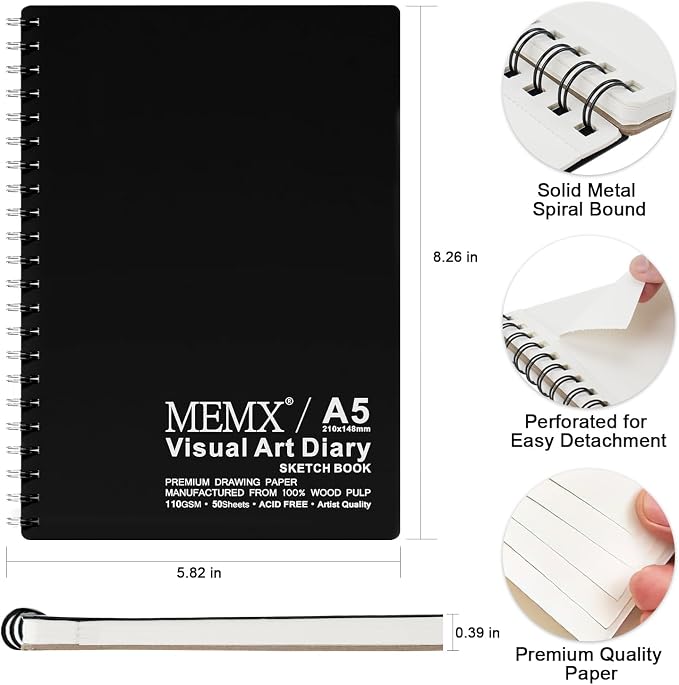 MEMX Poly Cover Sketch Book, 5.5”X8.5” 100 Pages (110gsm), Spiral Bound Artist Sketch Pad Notebook, Durable Acid Free Drawing Paper for Drawing, Writing, Painting, Sketching or Doodling, White