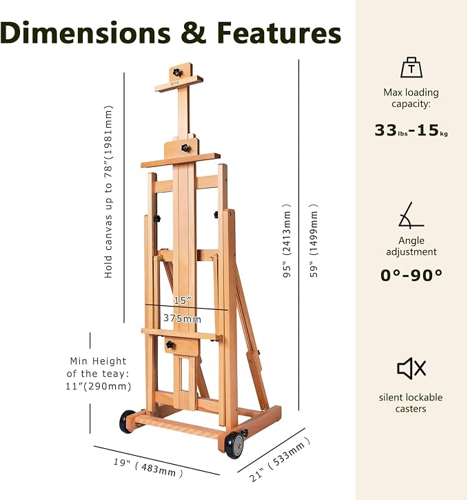 DJAR Large H-Frame Painting Easel for Adults, Solid Beech Wood, Natural | Movable & Tilting Flat Floor Stand, Holds Canvases up to 78", Adjustable Heavy Duty Studio Art Easel for Artists