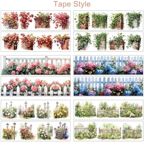 PET Tape Stickers for Journaling 6 Rolls Flower Washi Tape Stickers Decorative Tape for Crafts Scrapbooking Junk Journal Supplies, Plants Fence