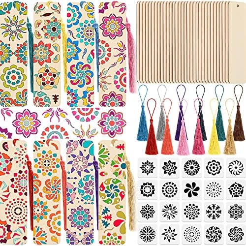 TaoBary 92 Pcs 4.8 x 1.3 Inch Flower Wood Bookmark Making Kit Includes 36 Unfinished Blank Bookmarks 36 Tassels 20 Templates, Back to School DIY Painting Craft for Home Class Holiday Teachers Gift